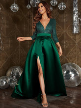 Elegant V Neck 3/4 Sleeve Slit A Line Prom Dress - Elonnashop